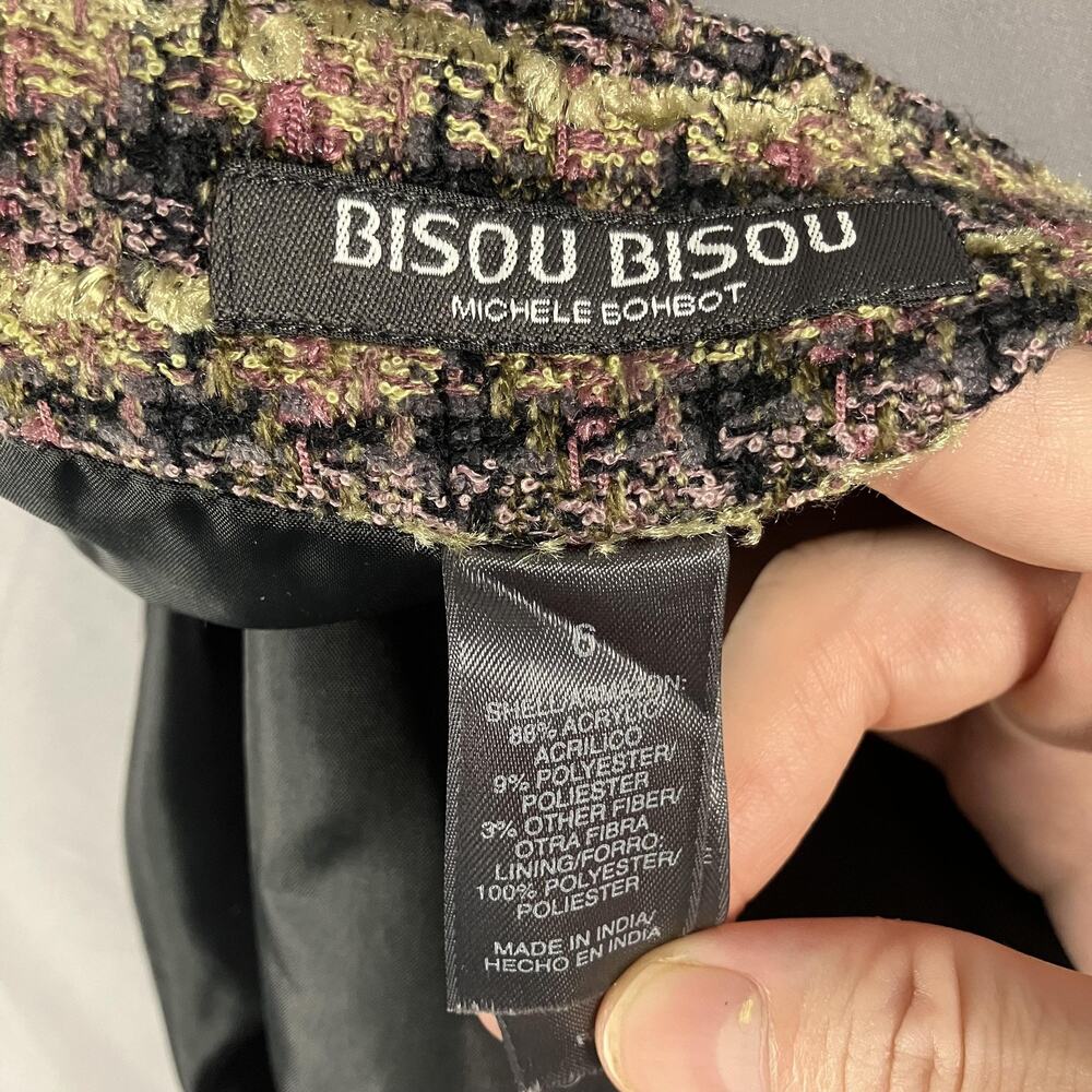 Bisou Bisou Skirt Womens 6 Black Pink Green Tweed Boucle Mini Fringe Lined‎ - Picture 8 of 10